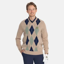 Lyle & Scott Tröjor Herr-Lambswool Blend Argyle V-Neck Beige Grön Beige/Green (X933)